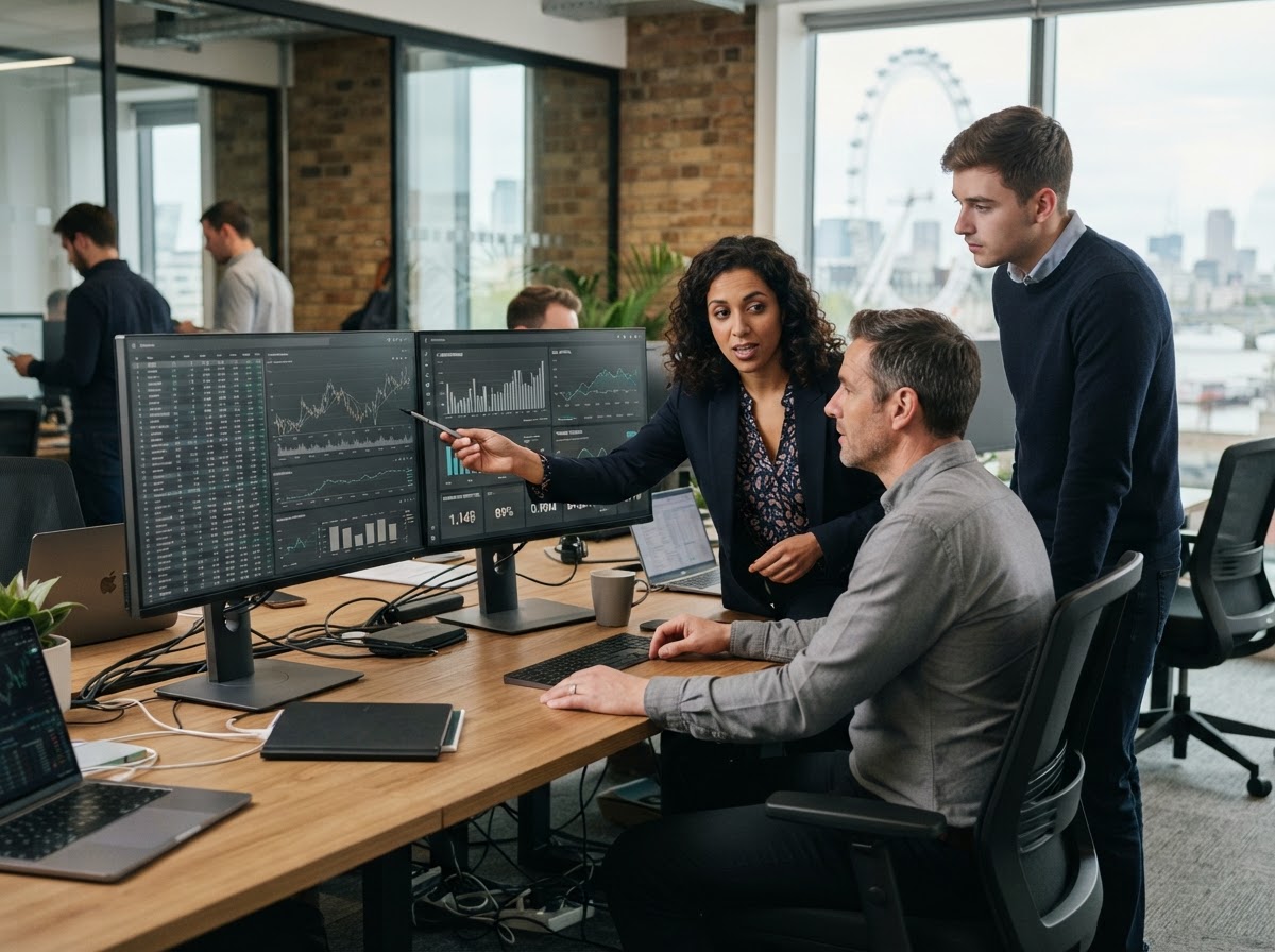 Adler Quant AI team reviewing data-driven investment analytics on screens